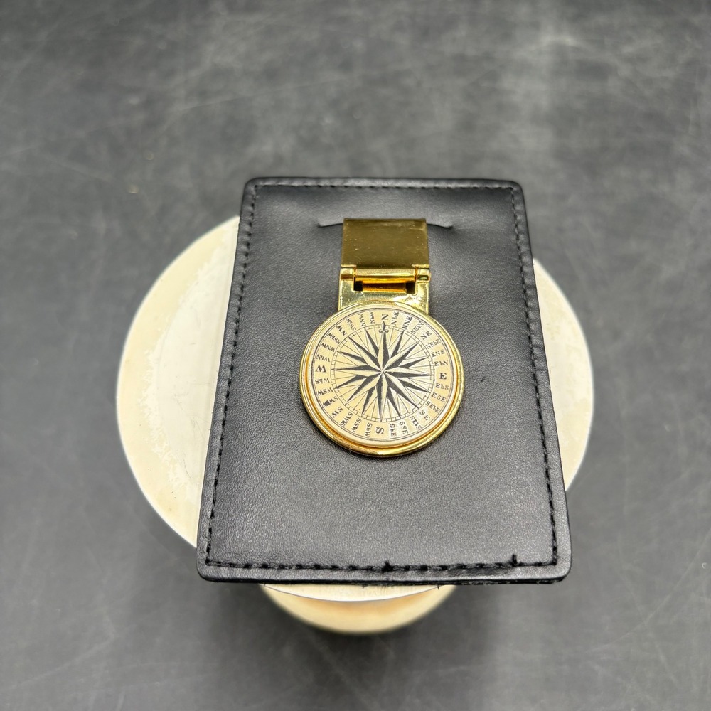 Barlow USA Top Grain Leather Money Clip Card Holder Black Gold Compass Rose